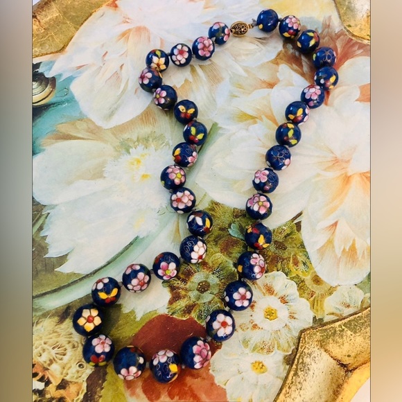 Antique Vintage Blue Cloisonné flower Enamel Jumbo Bead Necklace - Picture 13 of 17